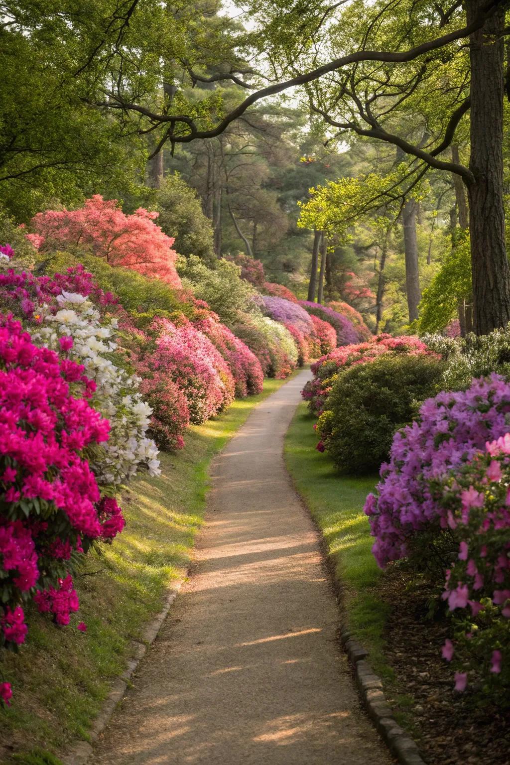Azaleas used as colorful borders along a garden path.