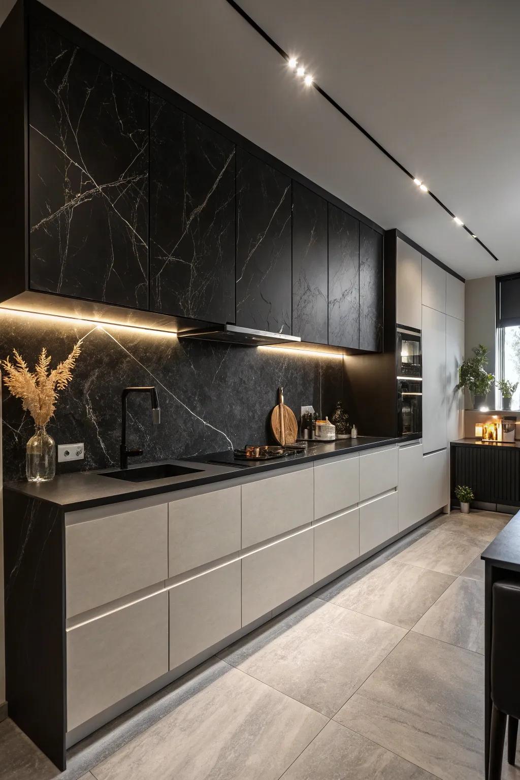 Obsidian on obsidian establishes a dramatic and sophisticated cooking area ambiance.