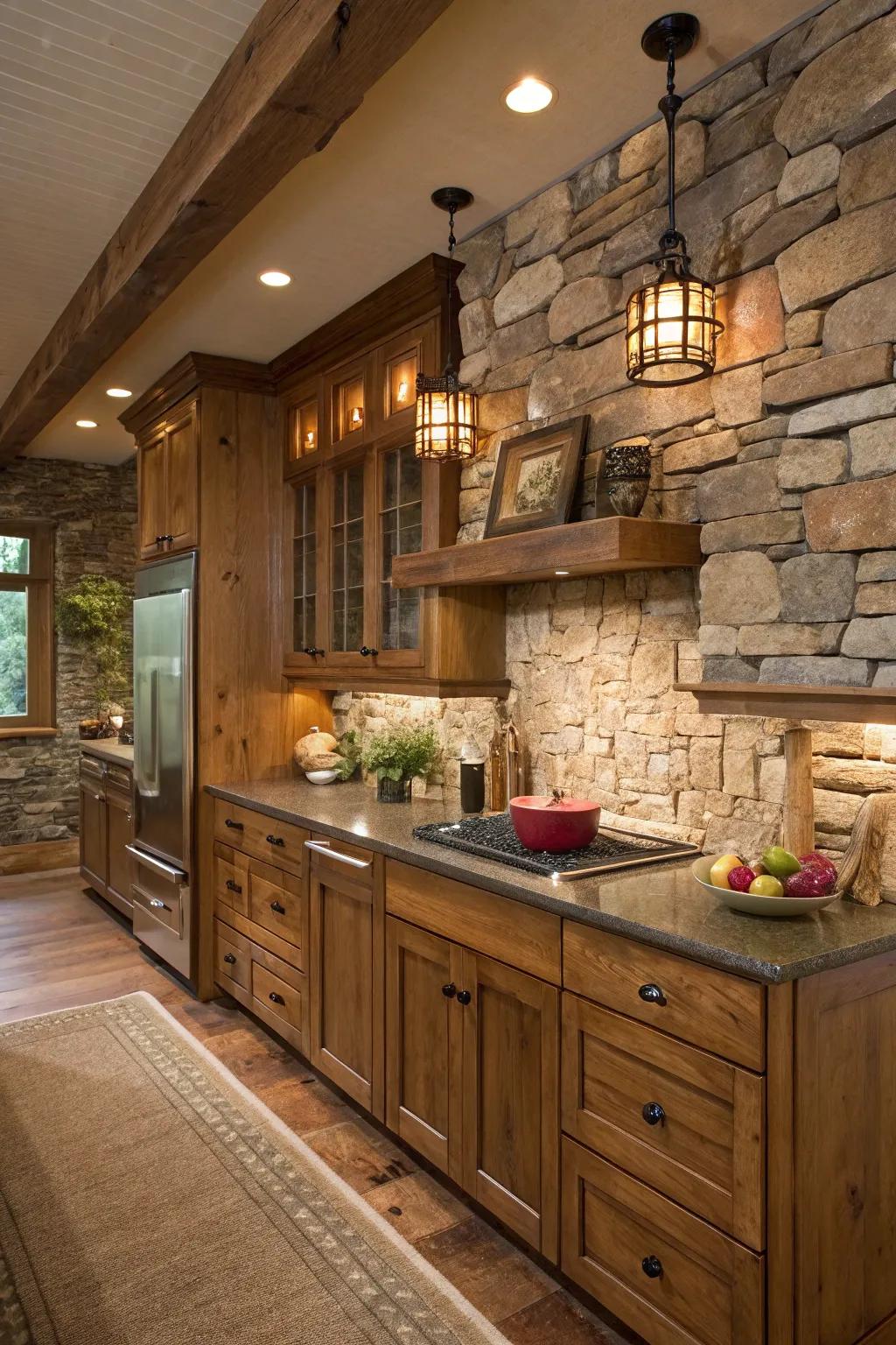 Natural stone incorporates rustic sophistication to a kitchen featuring maple cabinets.