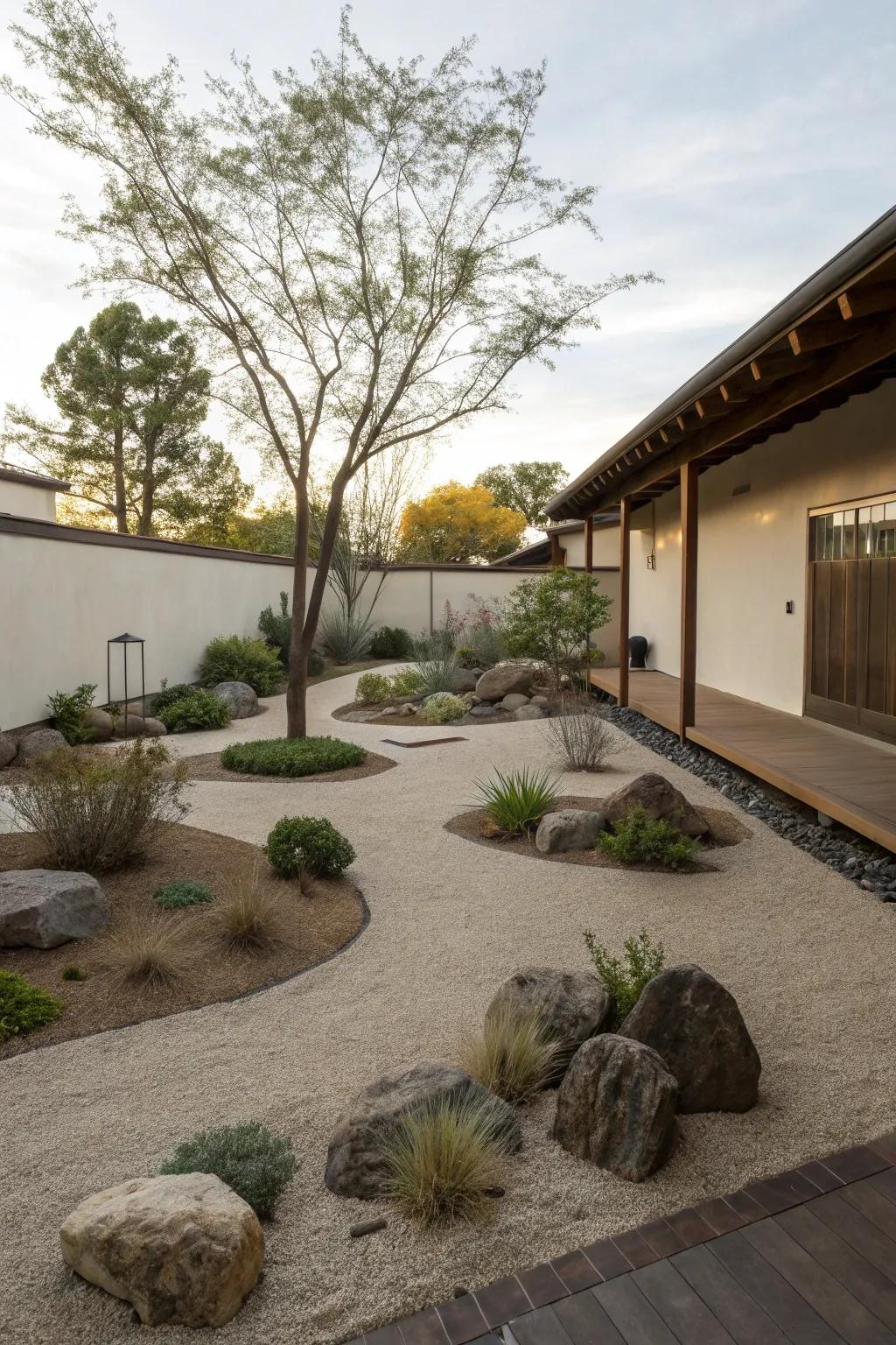 Embrace simplicity with a minimalist garden design using finely crushed rock.