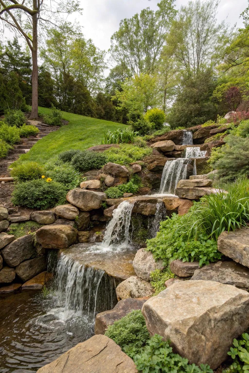 A waterfall enhances the peace of any sloped garden.