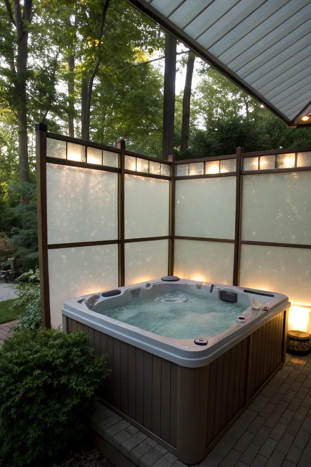 Obscured glass panels offer a sleek and modern solution for hot tub privacy.