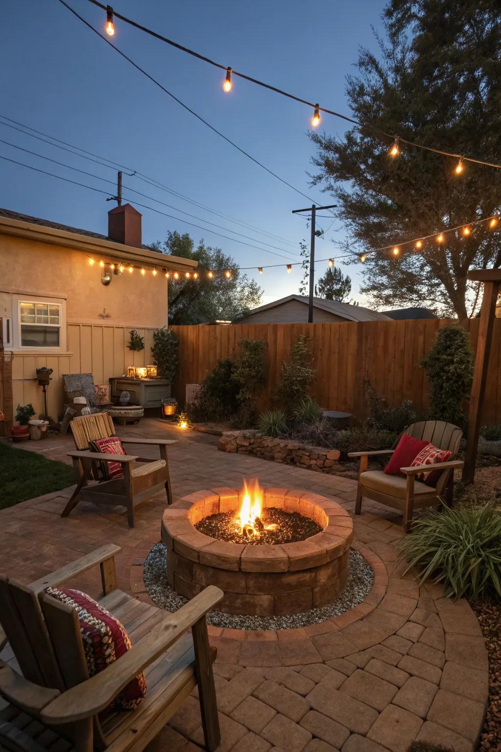 A fire pit offers warmth and ambiance for evening relaxation.