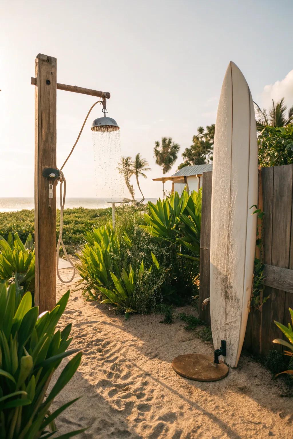 A beach-inspired outdoor shower featuring a wave riding board backdrop.