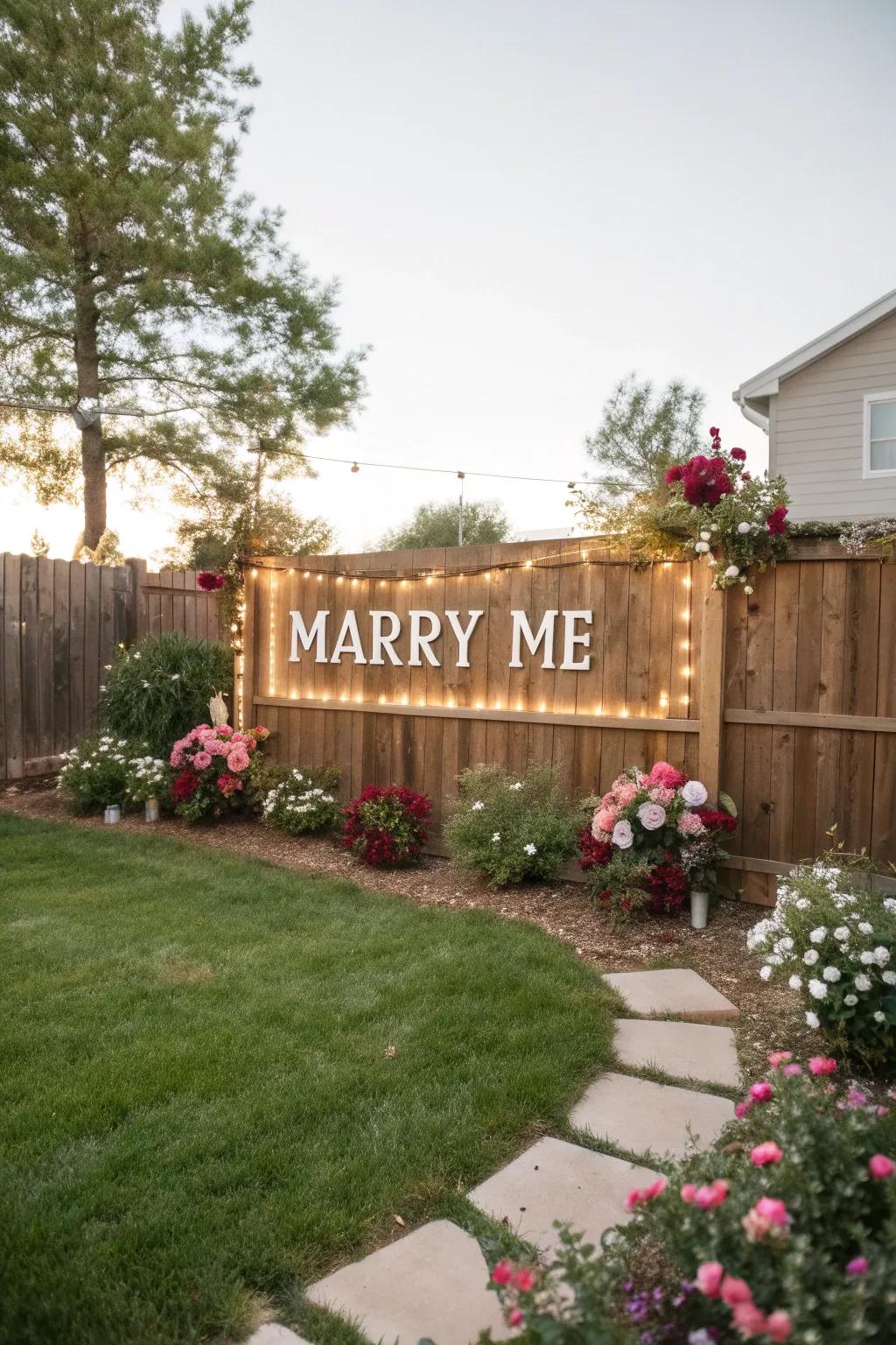 A personalized 'Marry Me' sign enhances the romantic atmosphere of a backyard proposal.