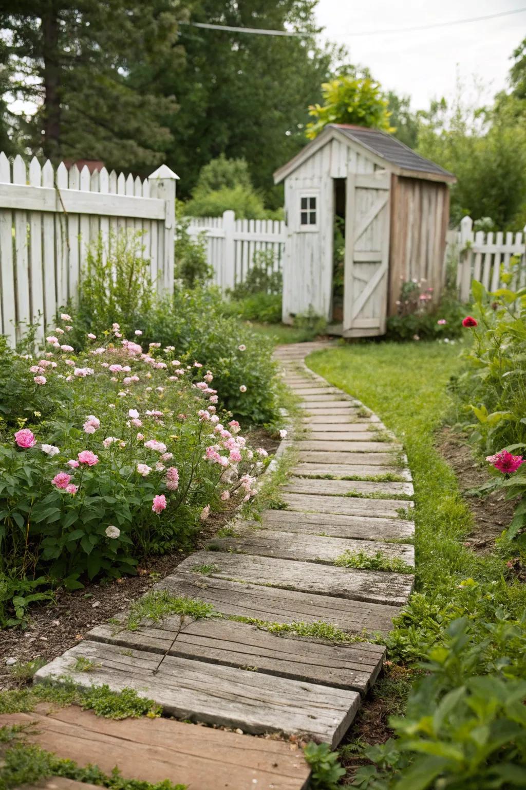 A rustic wooden plank path creating a natural trail in a backyard.