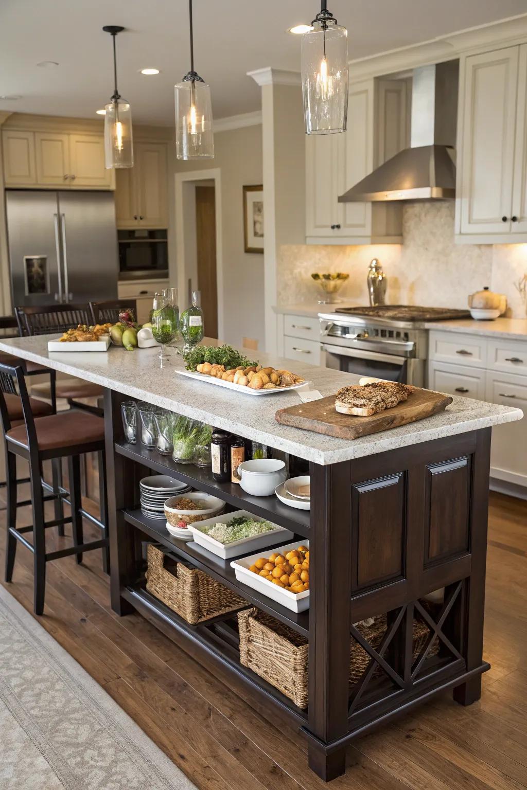 A dual-purpose island blends practicality with elegance.