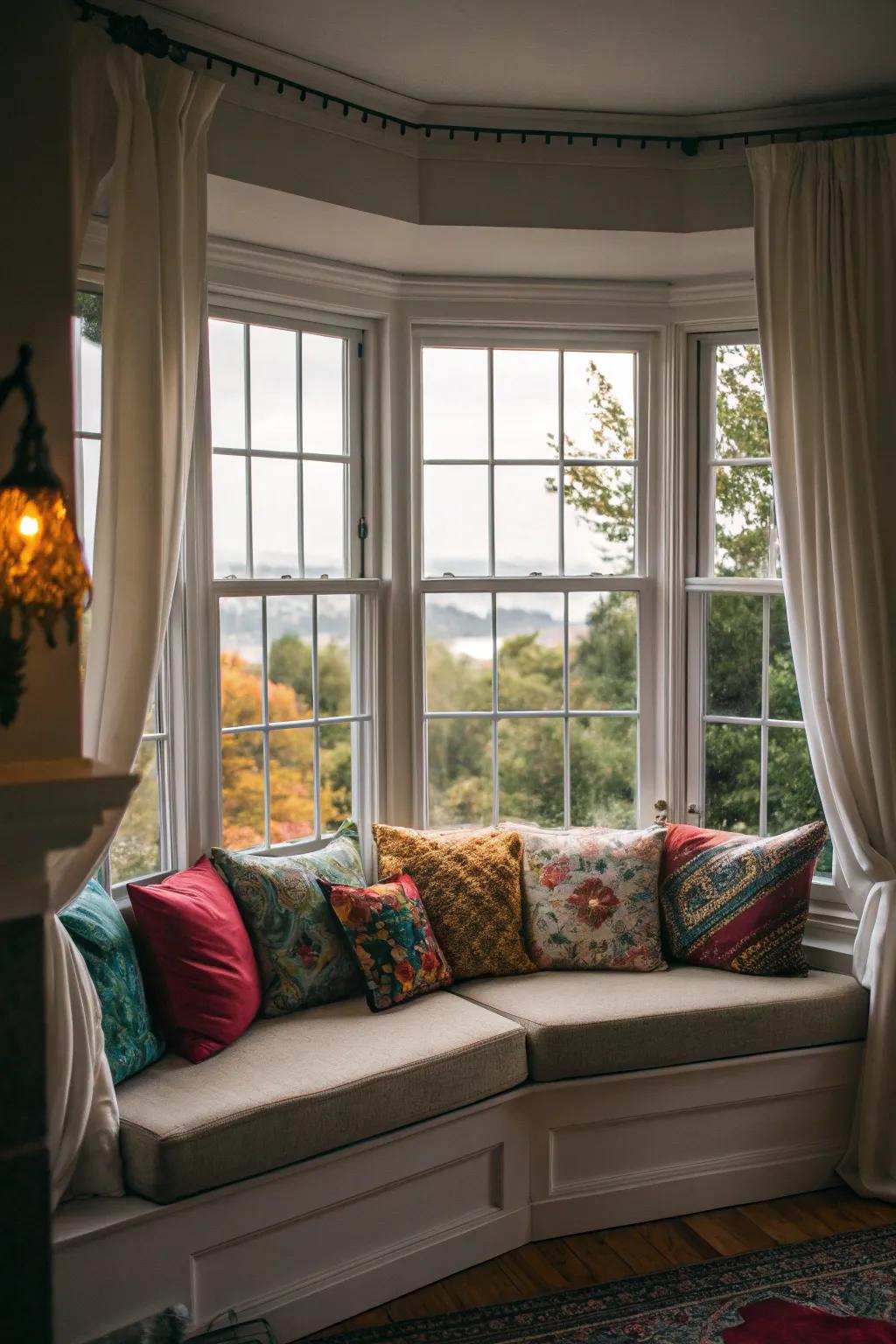 A strategically placed sofa in the bay window, the quintessential spot for relaxation with a view.
