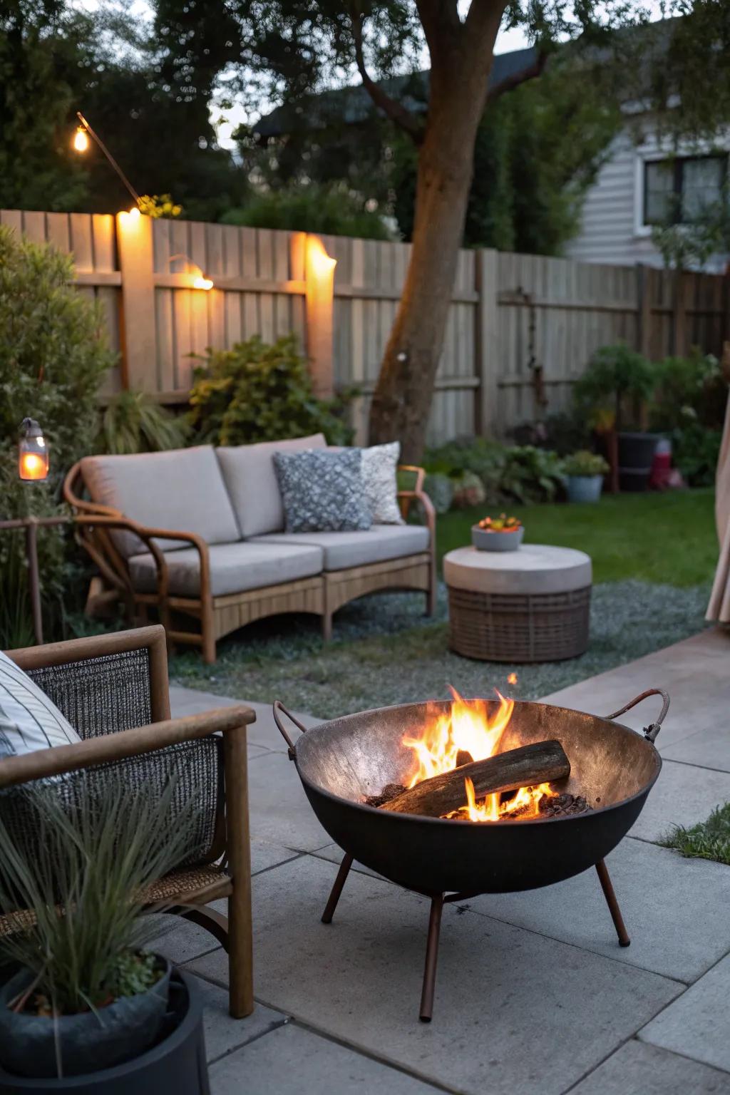 Compact and portable metal fire bowl ideal for smaller outdoor spaces.