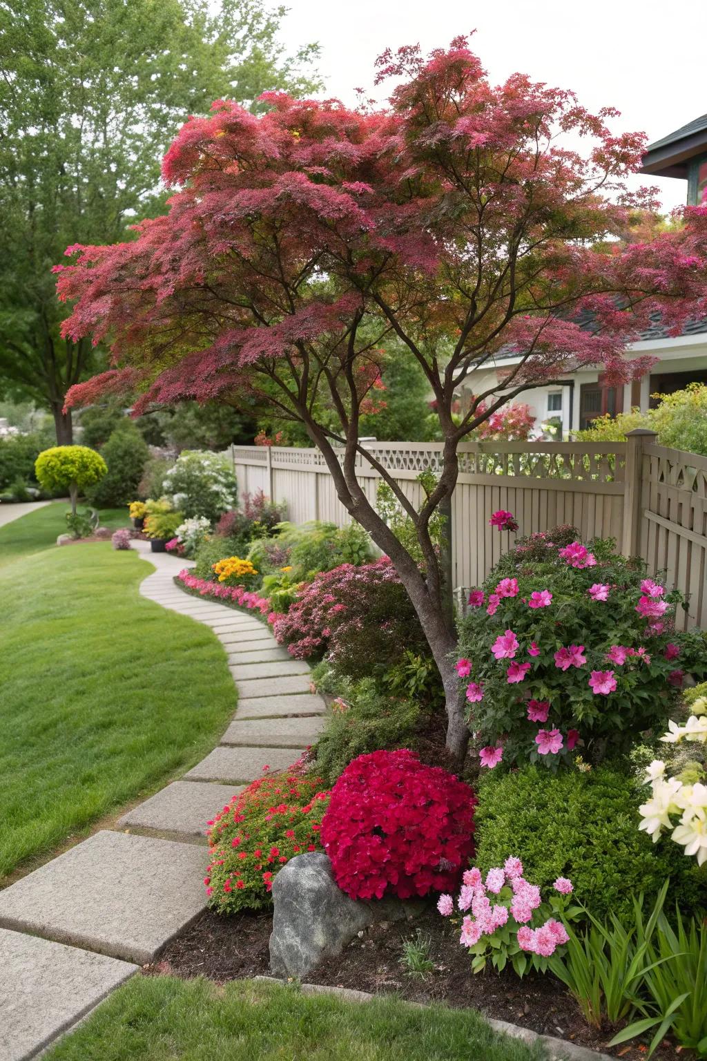 An ornamental tree adds elegance to the front garden.