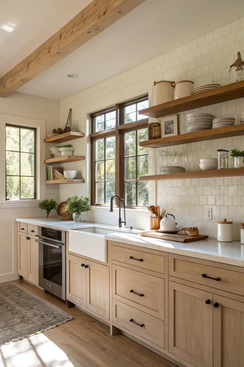 Natural timber accents infuse warmth into the sandstone and ivory palette.