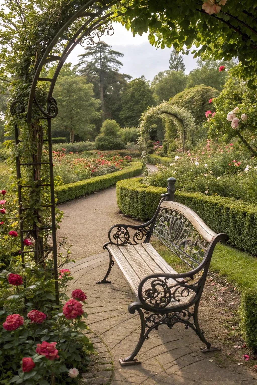 Ornate Victorian-style benches add timeless elegance.