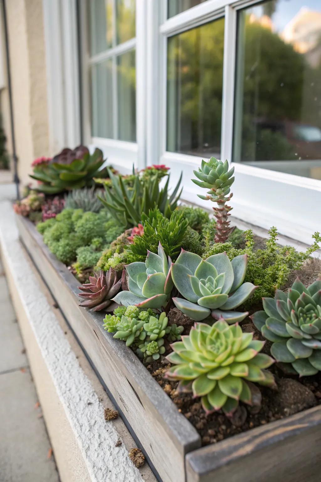 Succulents lend a modern style to window box creations.