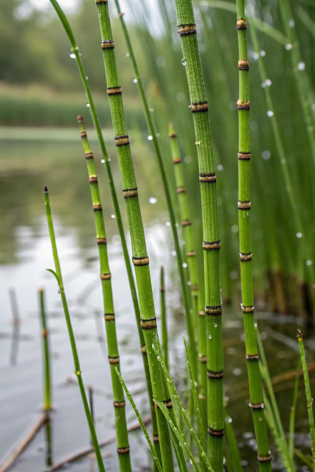 Equisetum provides striking architectural interest to pond landscapes.