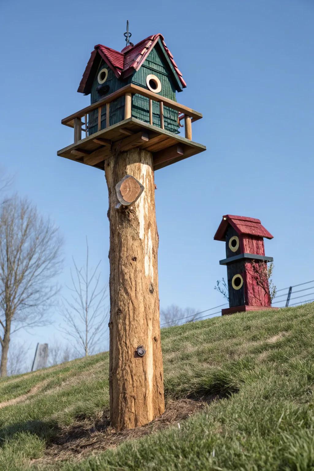 Where craftsmanship meets nature: A striking bird-feeder pole with an integrated birdhouse.