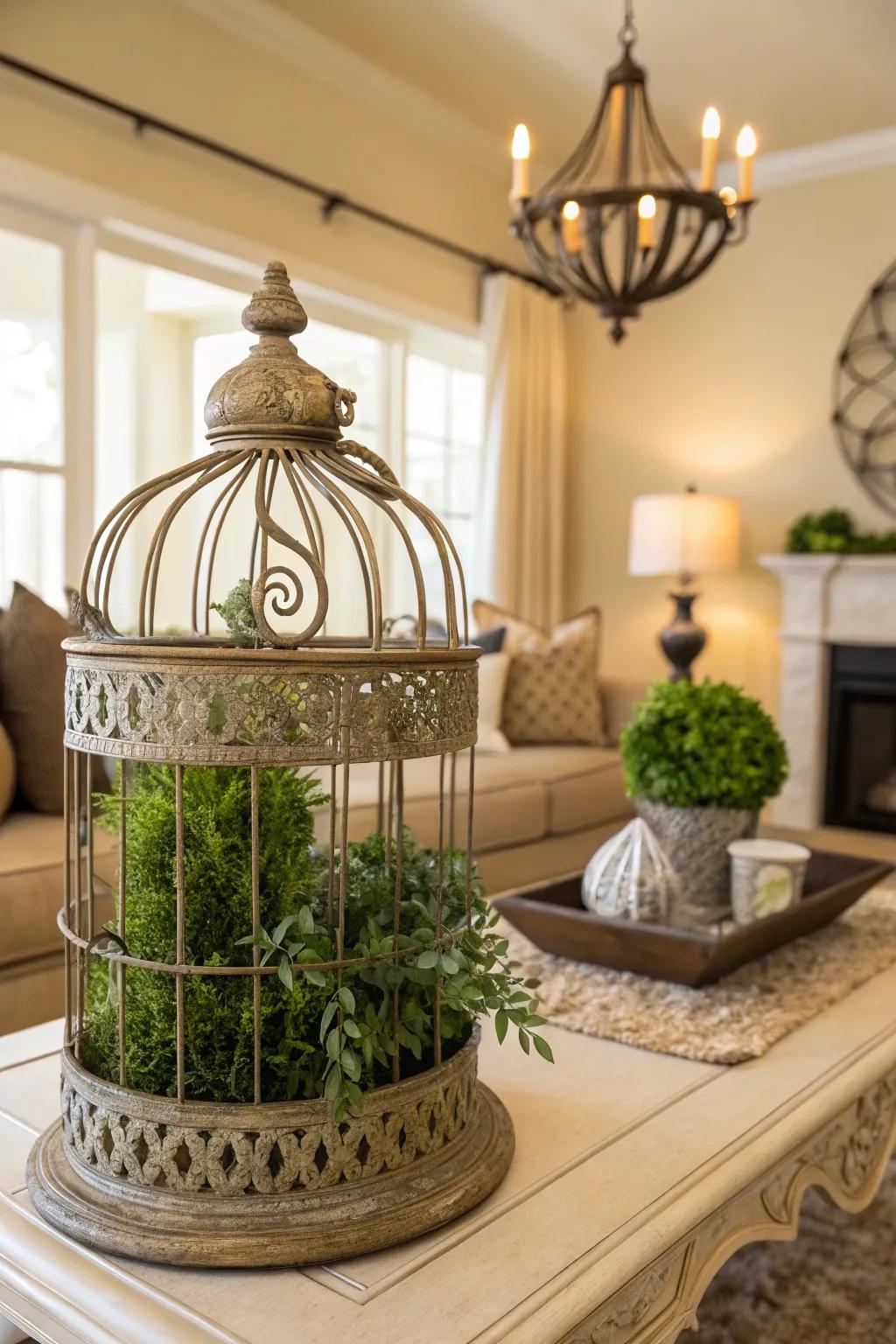 An indoor birdcage planter brings a touch of greenery without the upkeep.