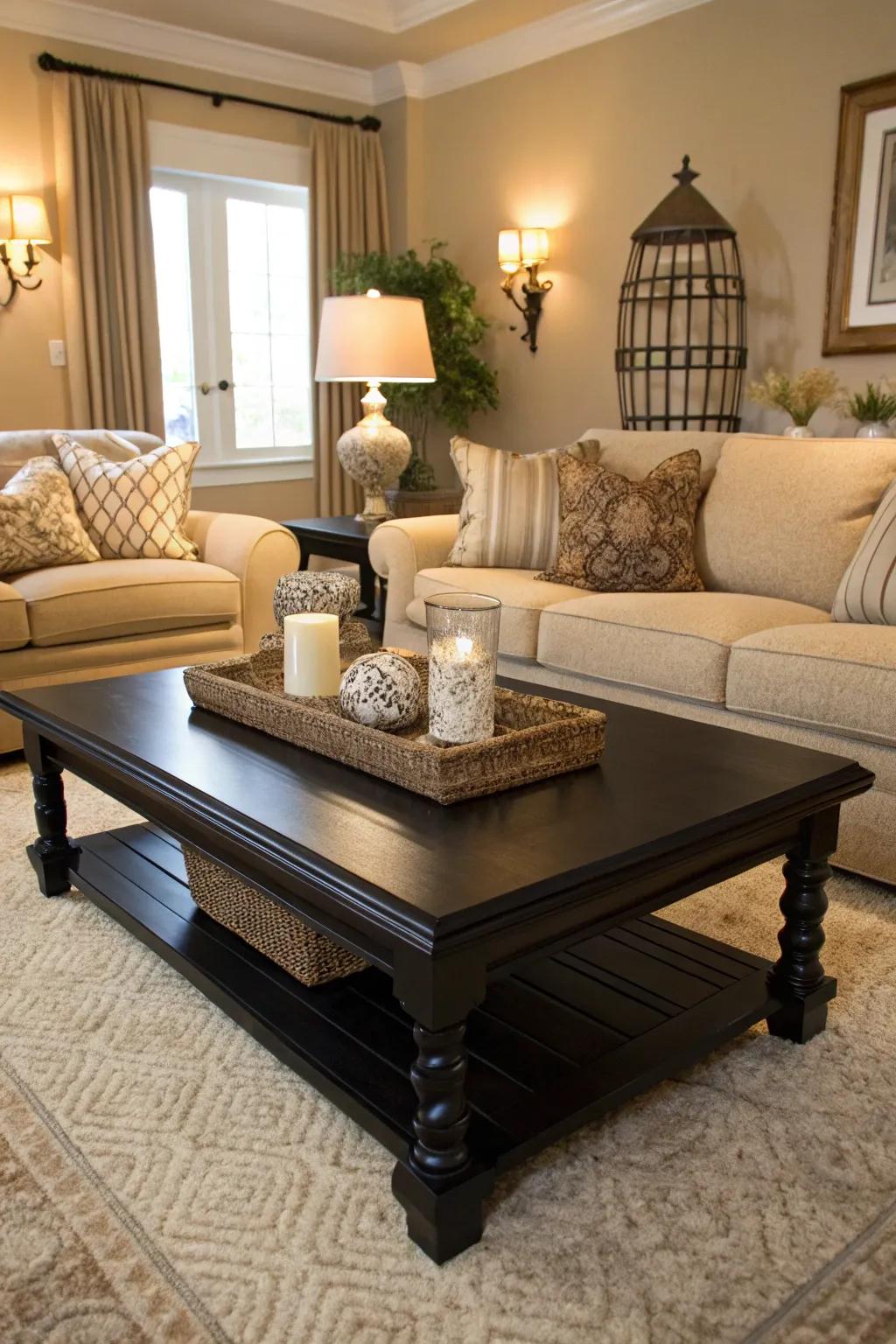 A black coffee table becomes the centerpiece of this elegant living room.