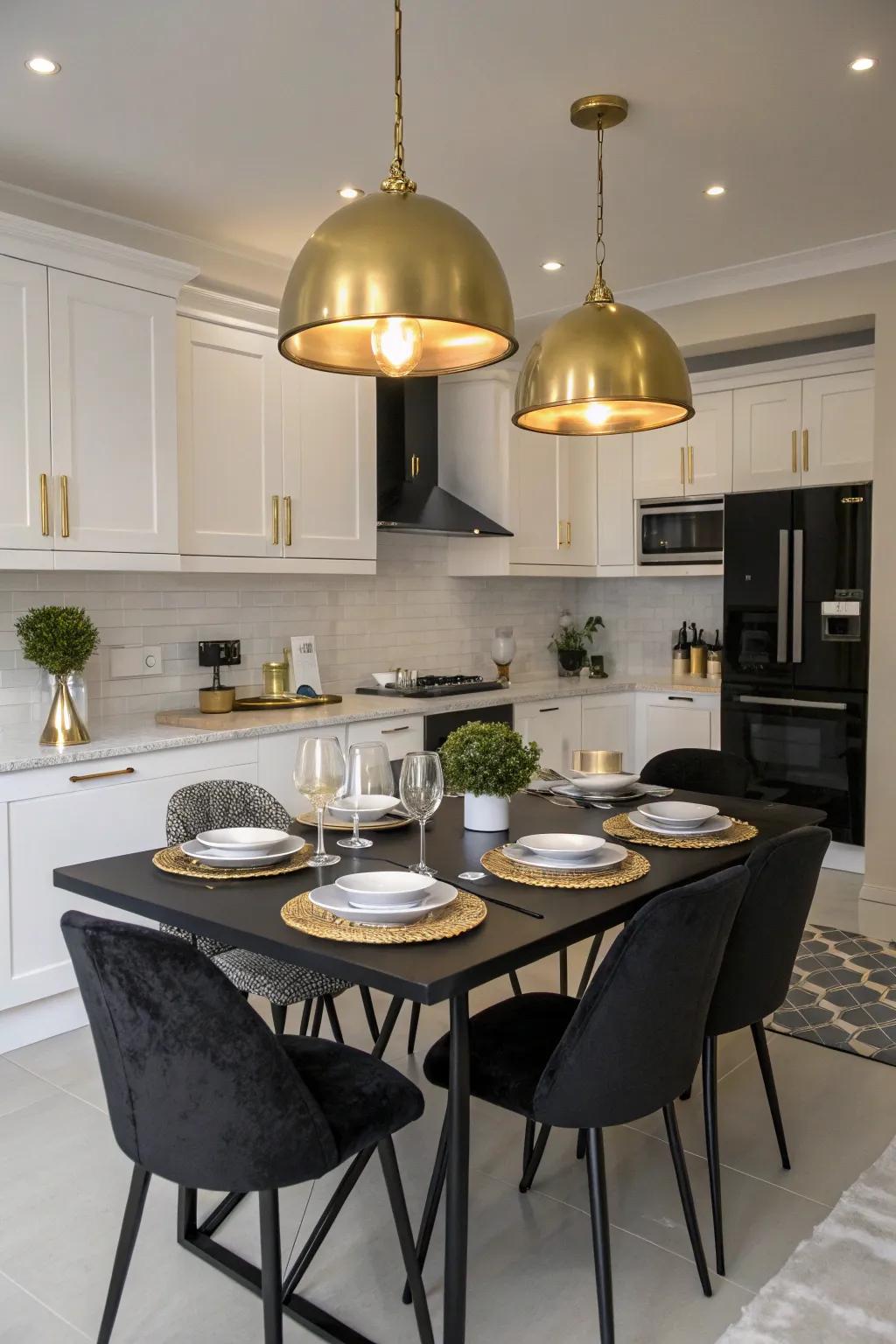 Gold pendant lighting adds warmth and elegance.
