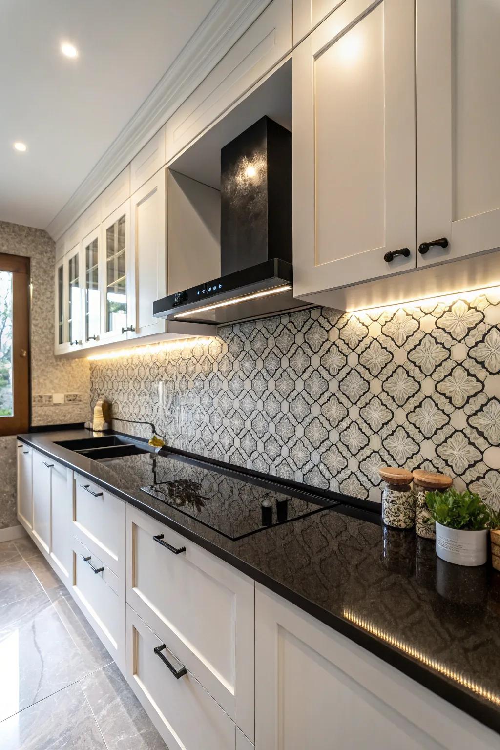A distinctive splashback paired with ebony countertops for enhanced texture.