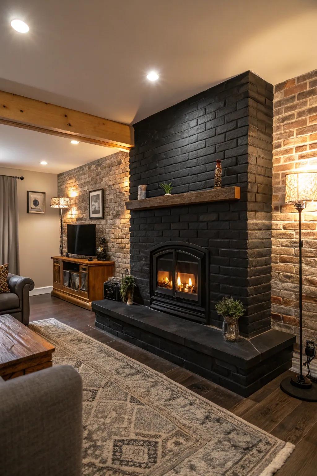 Add depth and texture to your space with a black brick fireplace.