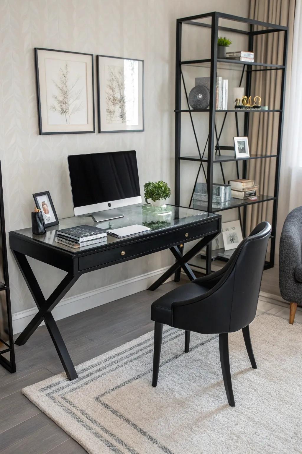 A minimalist black office promoting focus and efficiency.