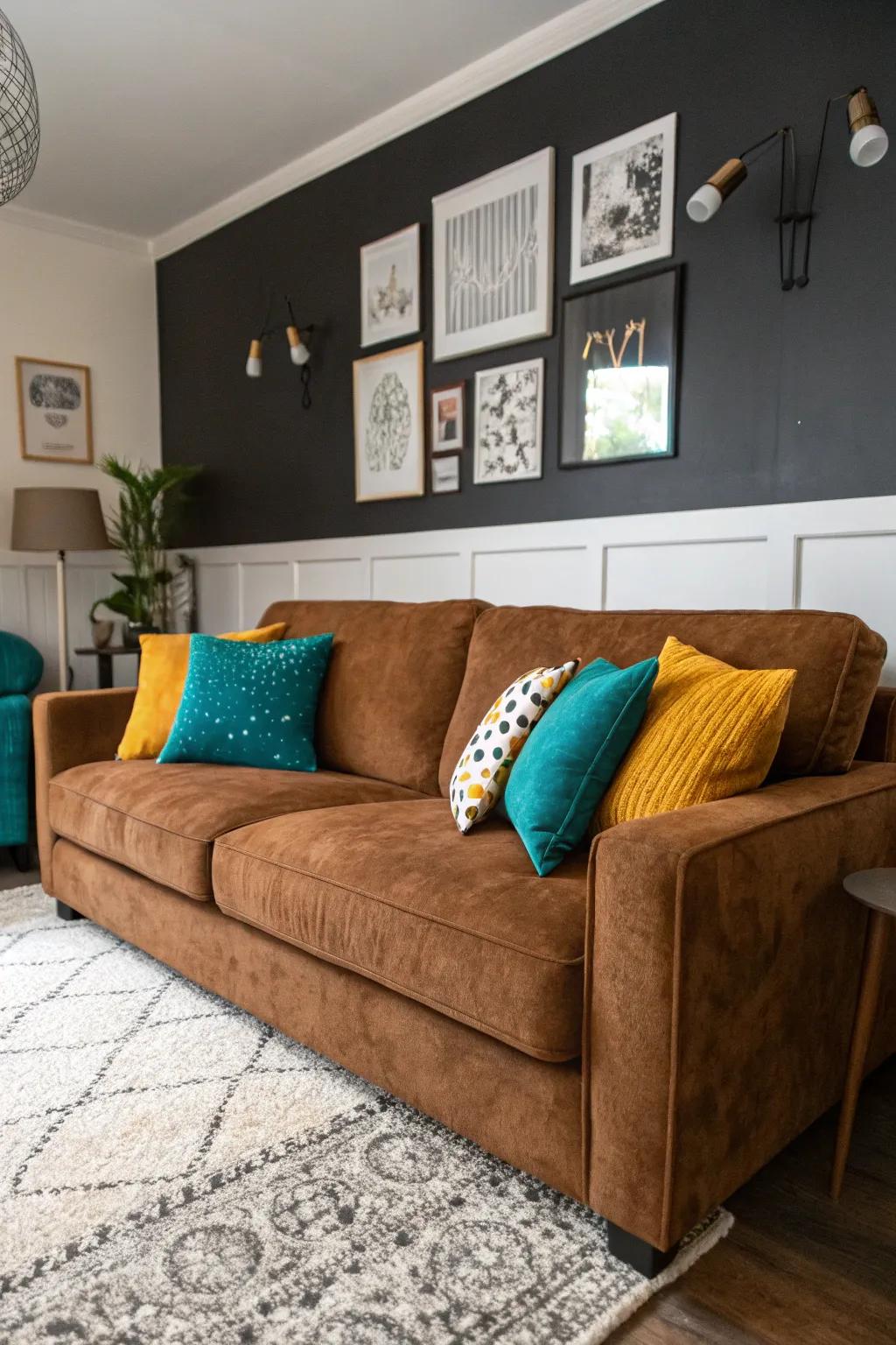 Colorful accents add a playful twist to the classic palette.