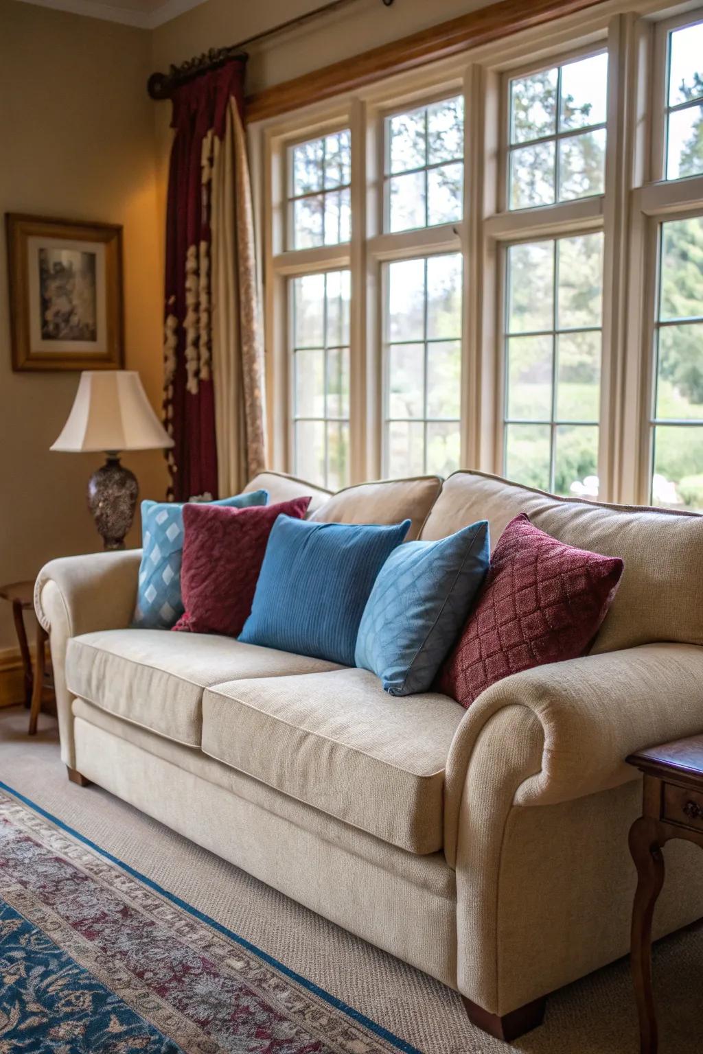 Earthy sofas spring to life with the addition of colorful cerulean and wine cushions.