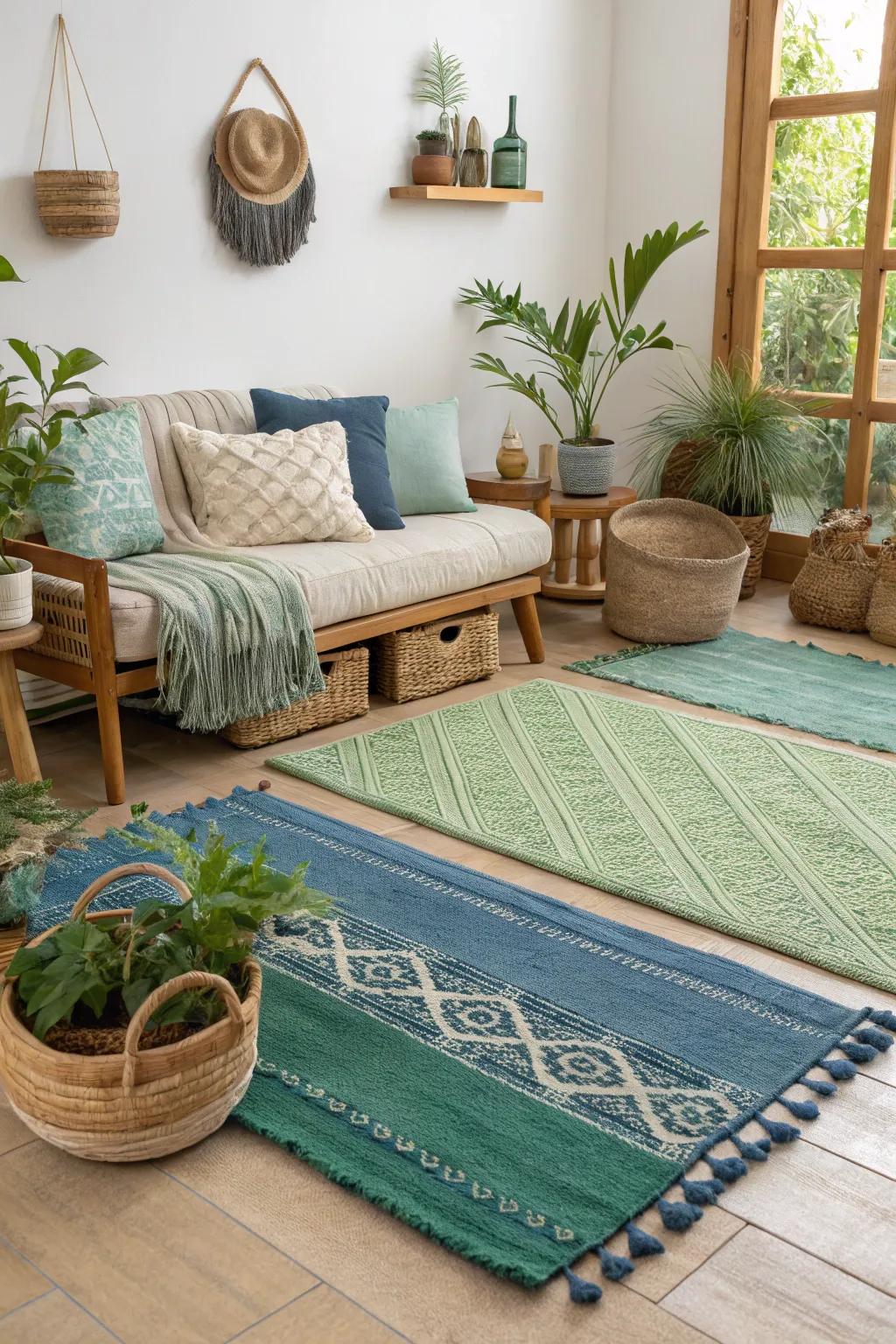 Tiered floor rugs add warmth and texture to your living area.