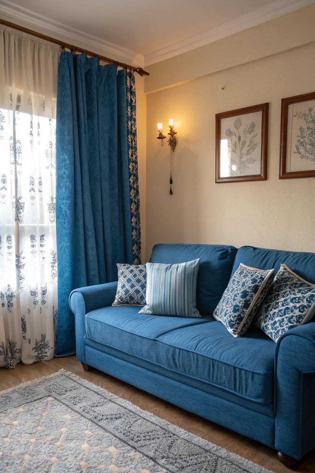 A monochromatic blue palette creates a serene and unified space.