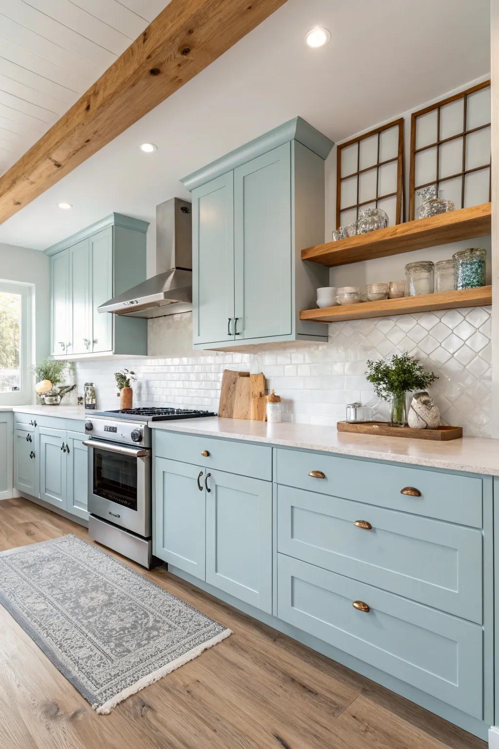 Comfortable kitchen featuring sky blue cupboards and timber details.