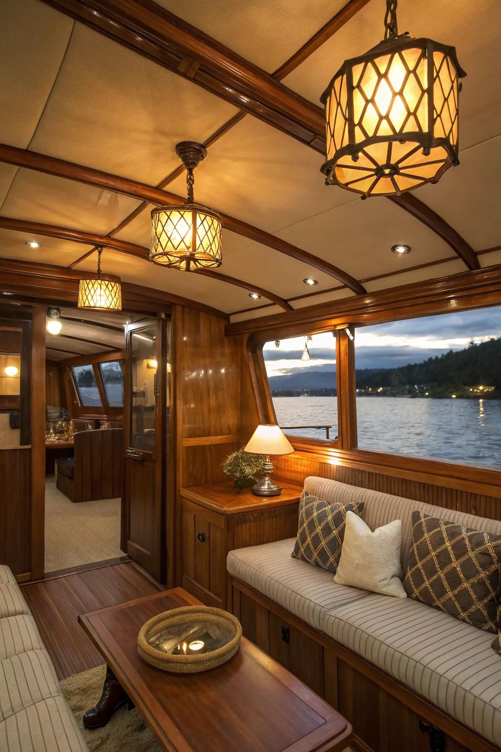 Soothing illumination improves the cozy atmosphere inside the boat.