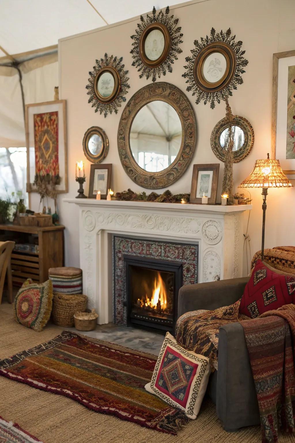 A fireplace enhanced with ornamental mirrors and distinctive art items, exuding bohemian charm.