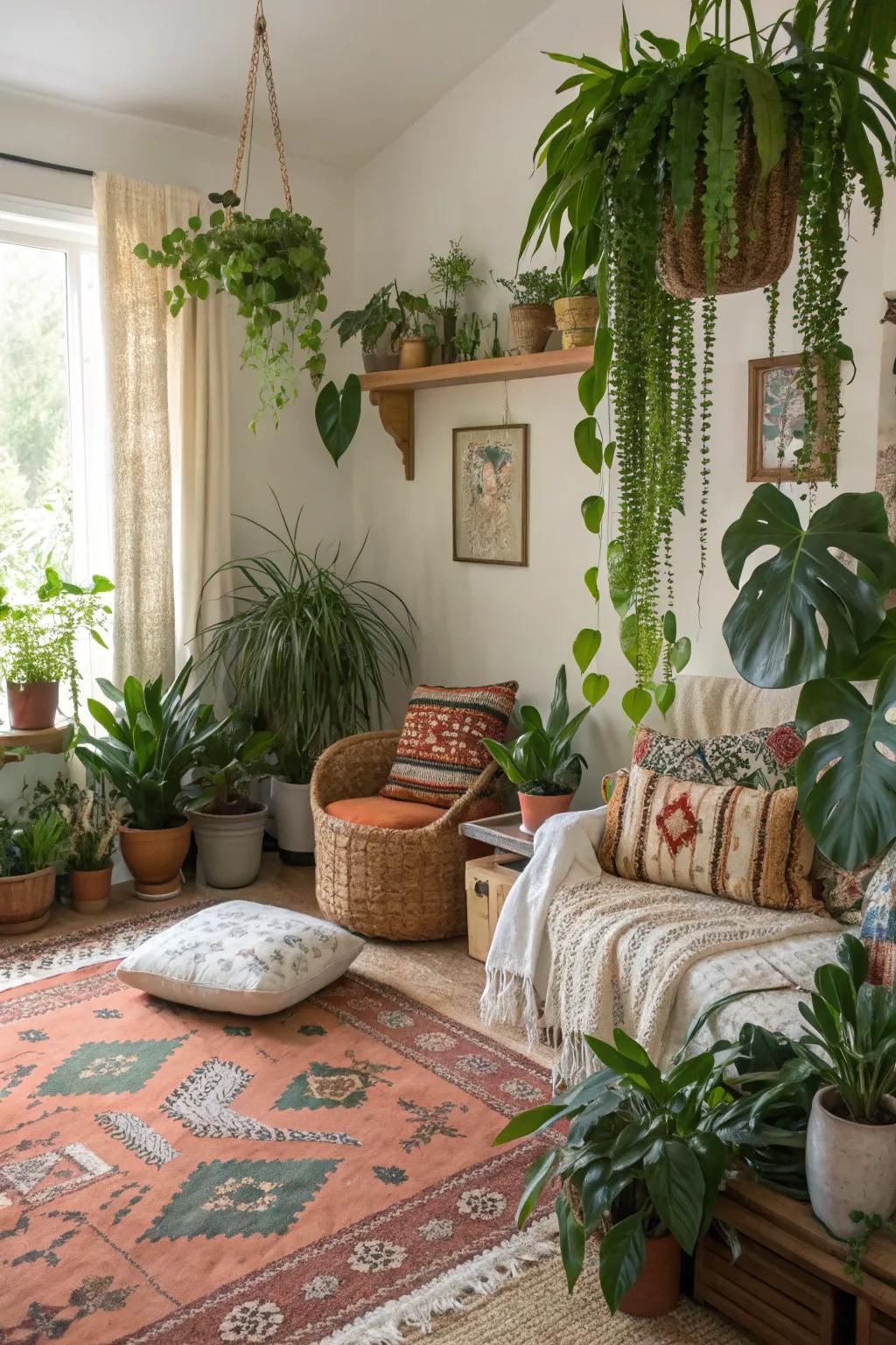 Greenery breathes vitality into a bohemian setting.