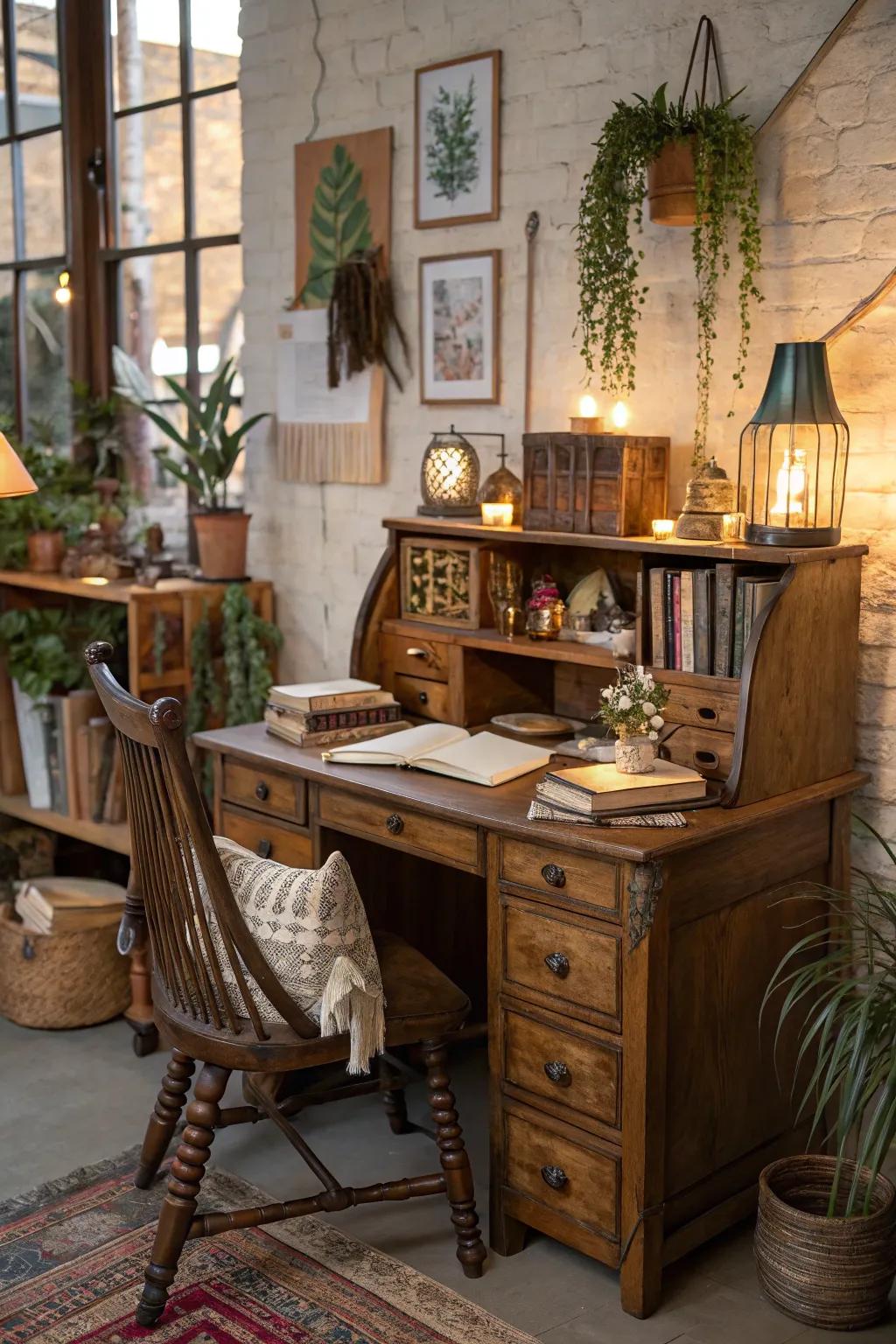 Antique furniture introduces character and appeal to the boho office.