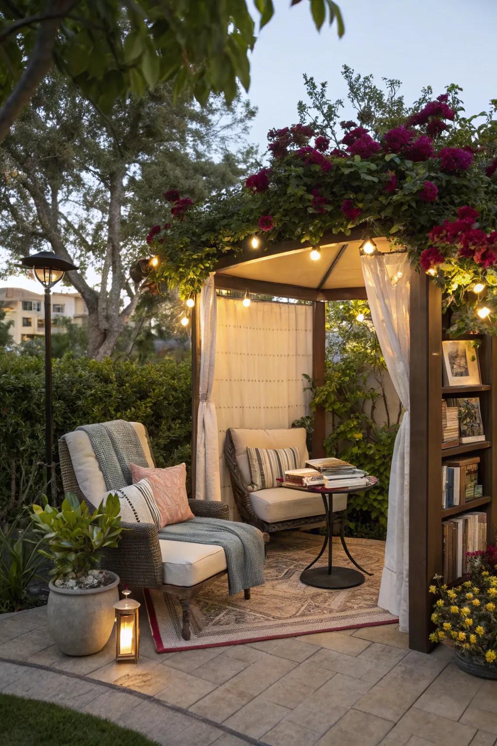 An exterior book nook facilitating a peaceful reading journey.