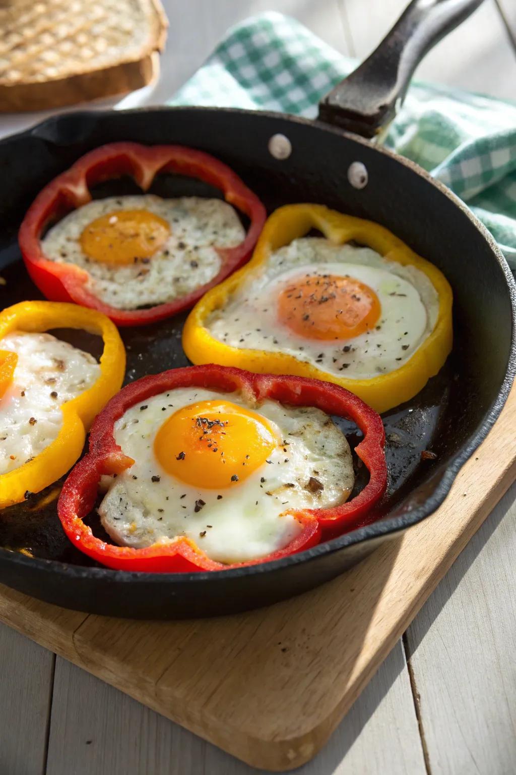 Eggs nestled in bell pepper rings make a delightful breakfast.