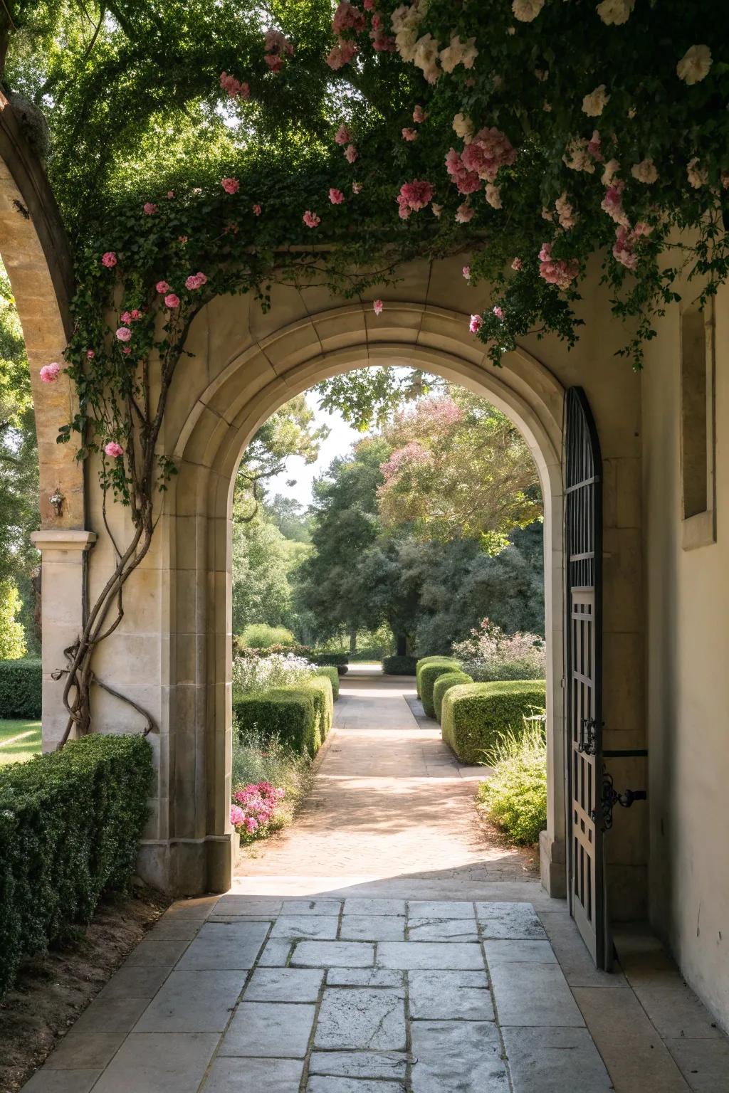 An elegant arched entryway that enhances the breezeway's charm.