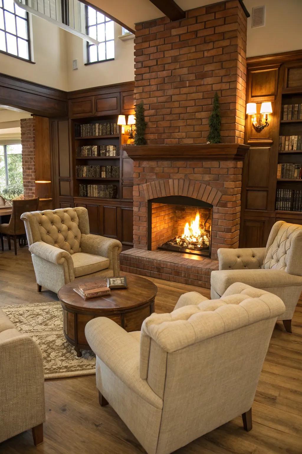 Craft a cozy sanctuary by arranging comfortable seating around your fireplace.