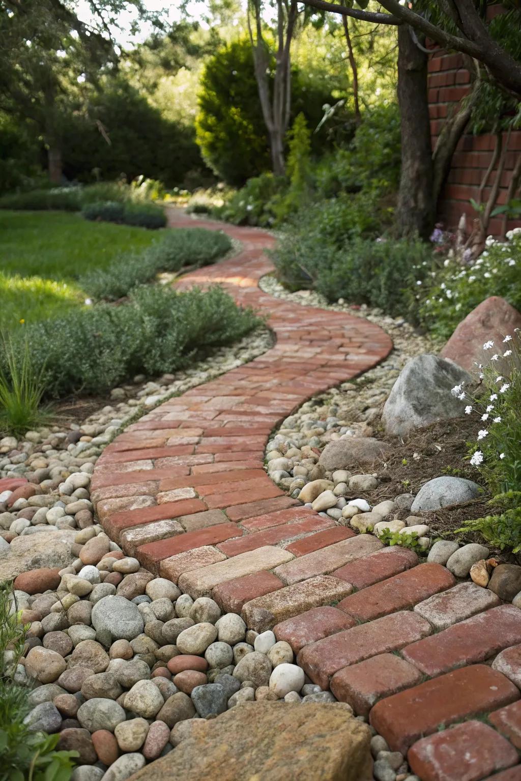 Elevate your garden with a stunning mix of bricks and stones for a rustic yet refined path.