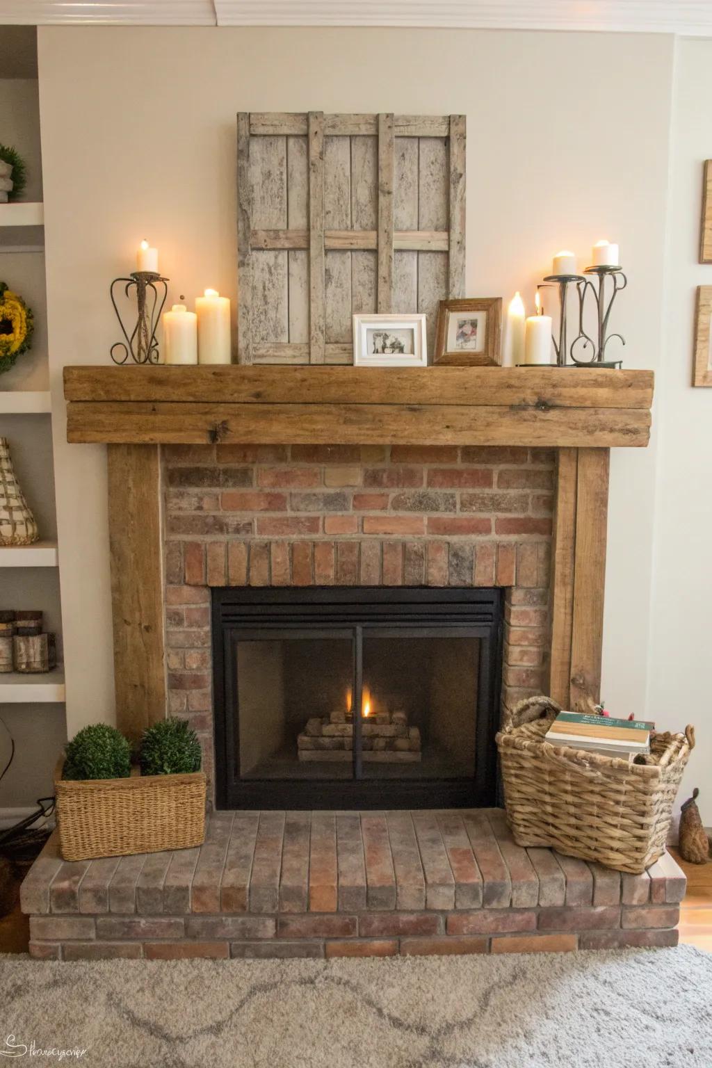 A brick hearth with a wooden mantel, giving off rustic charm and functionality.