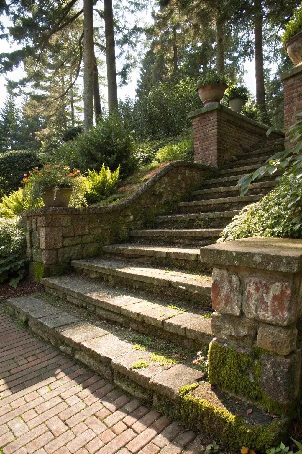 Brick and stone steps creating a textured outdoor path.