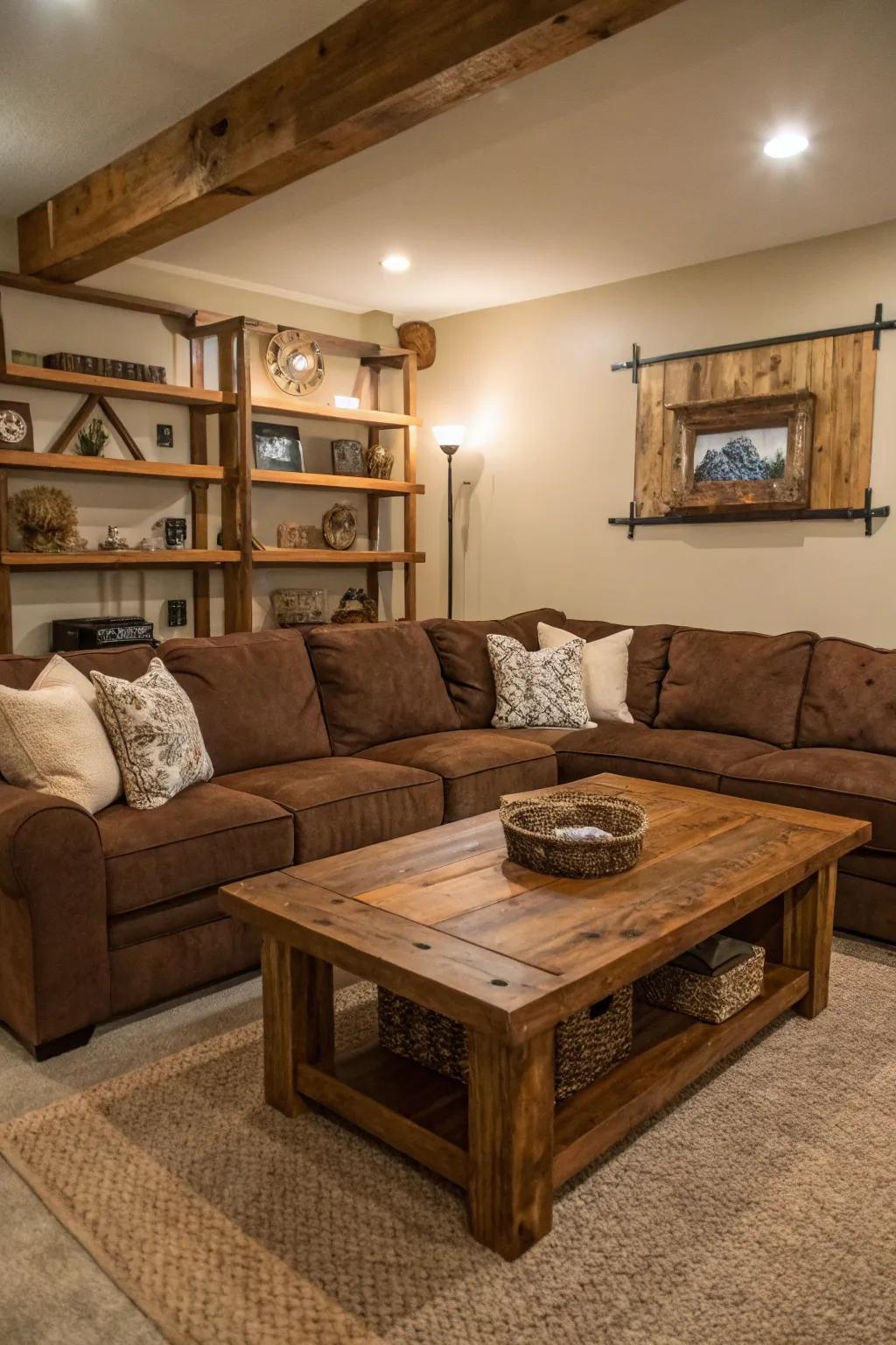 Rustic wood accents add warmth to a living room with a brown sectional.