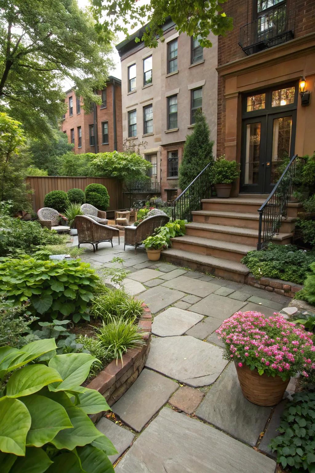 Chic hardscaping matches the greenery in this brownstone backyard.