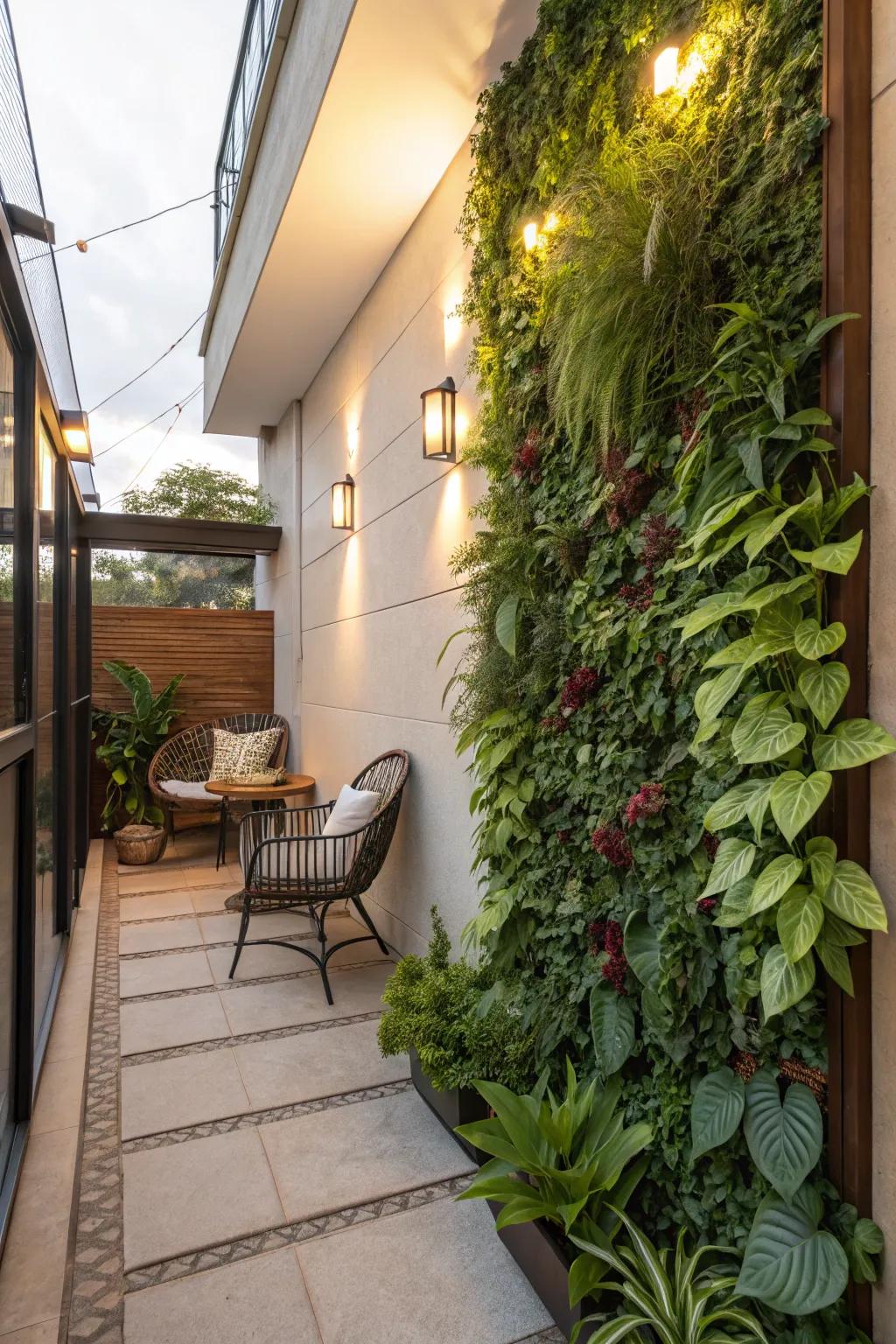 Upright greenery displays maximize green space in small outdoor areas.
