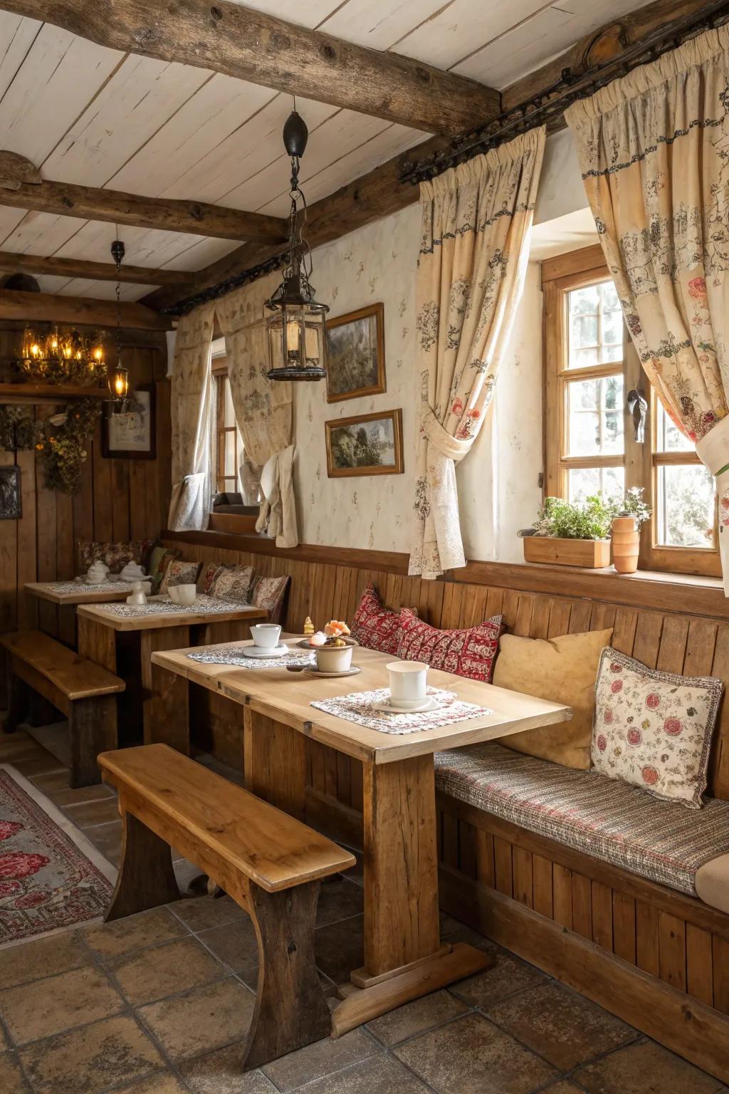 Rustic allure showcased through wooden banquette seating in a kitchen setting.