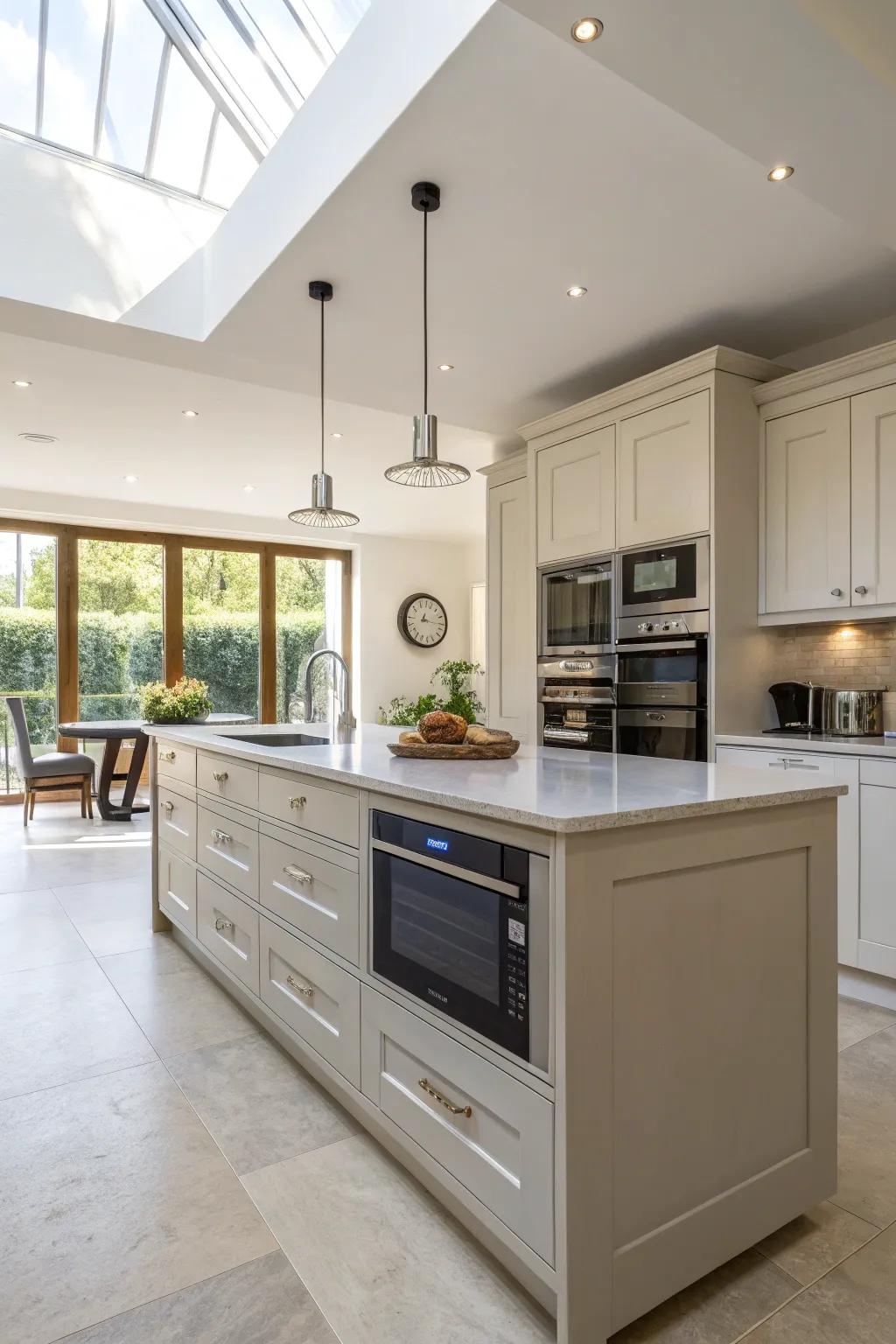 Open-concept kitchen displaying a microwave embedded within the central workspace.