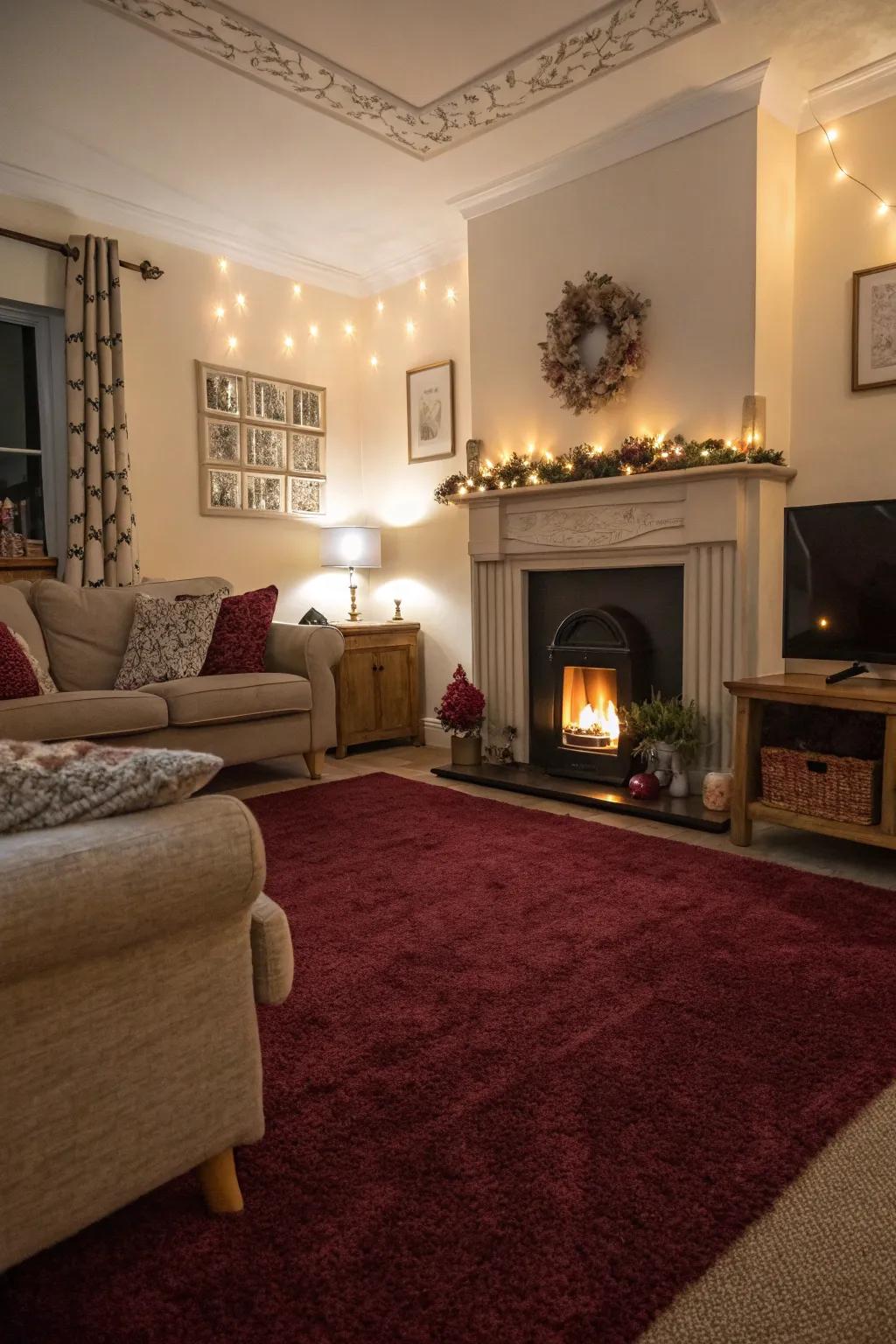 A comfortable mood is created with a maroon carpet and ambient light.