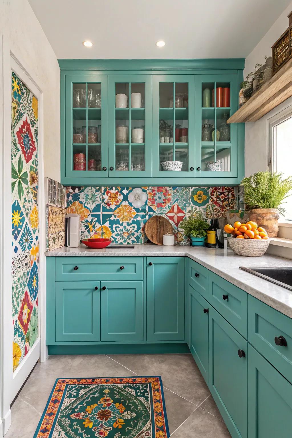 A vibrant service kitchen featuring marine storage and a striking back panel.