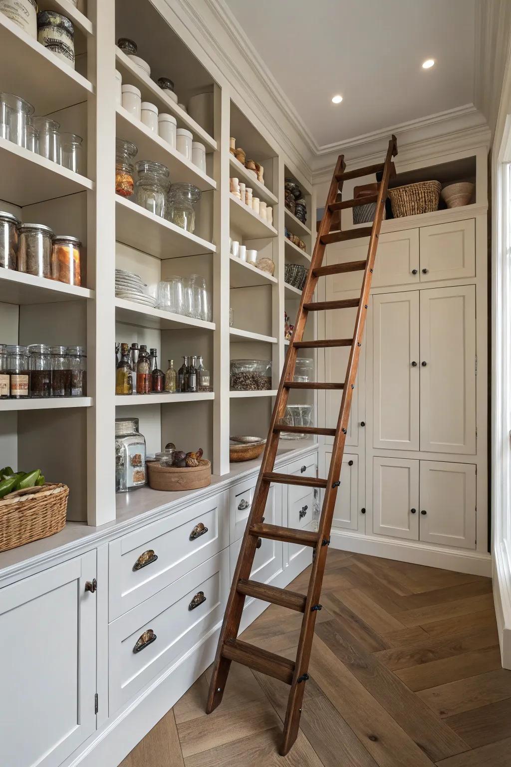 A rolling ladder enables access to high shelves with flair.