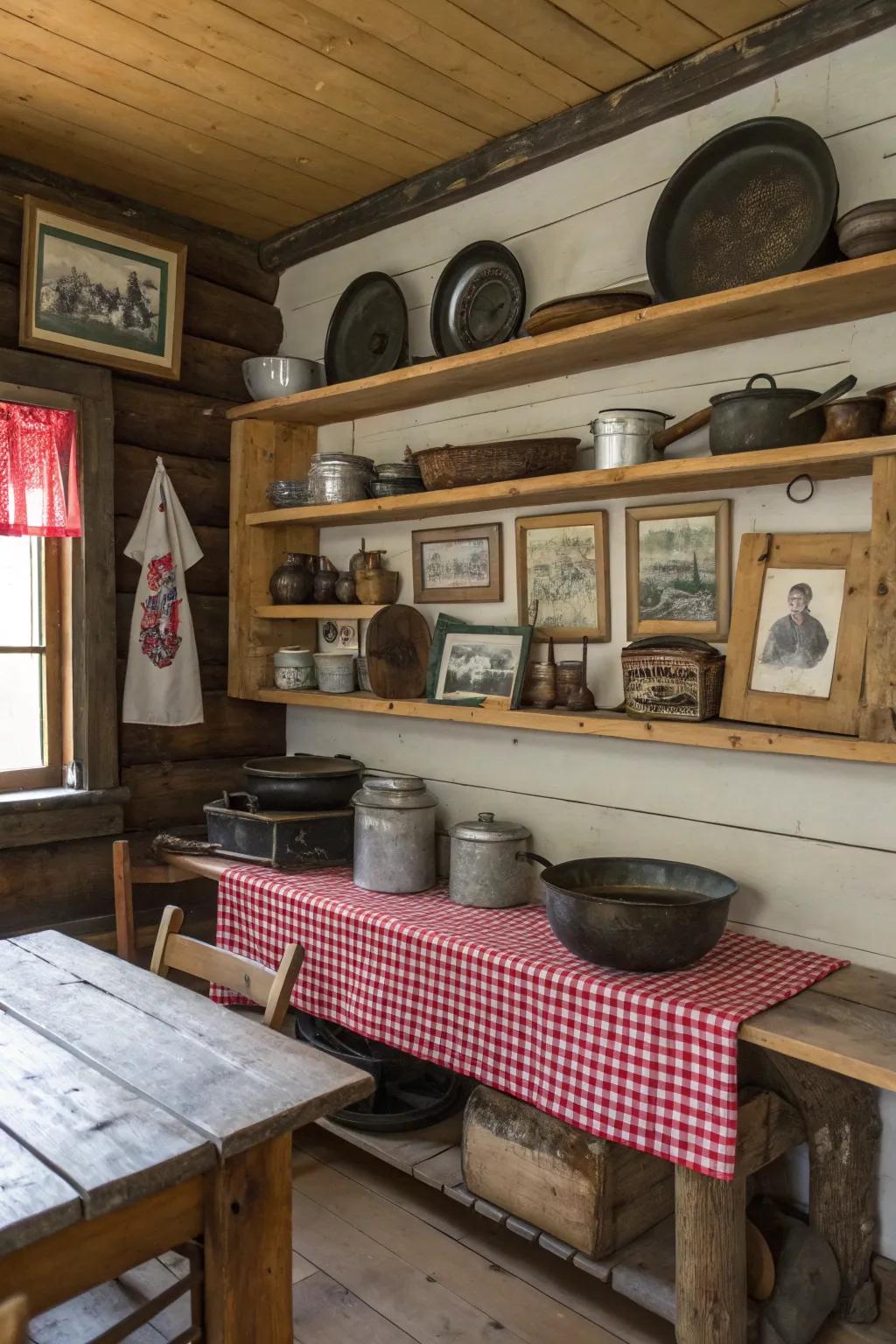 Reclaimed wood shelving adds character and warmth to cabin interiors.